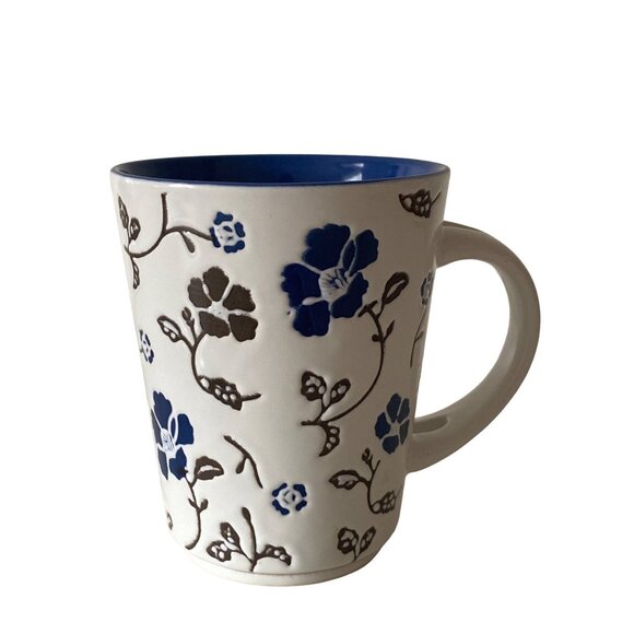 Pier 1 Imports Handpainted Stoneware Cup Mug White Blue Embossed Floral - Picture 1 of 9